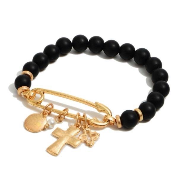 Natural Stone Beaded Safety Pin Cross Charm Bracelet 8$